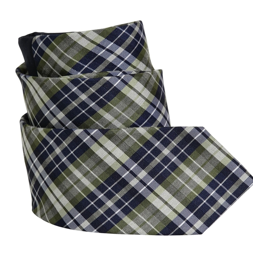 CHAPS Men's Silk Blend Skinny Necktie Designer Plaid Green Navy EUC